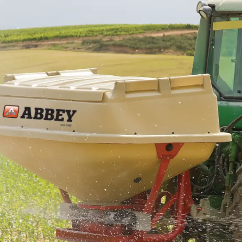 Abbey Machinery Twin Disc Fertiliser Spreader in action spreading